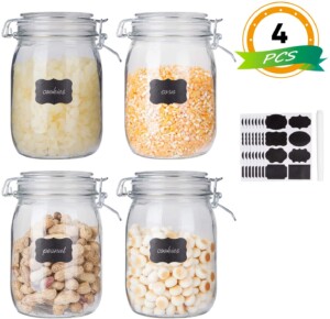 Airtight glass canisters with chalkboard labels, perfect for pantry organization.