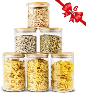 Glass storage containers bamboo lids, perfect for DIY pantry storage.