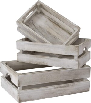 3 white washed wood crates, perfect for DIY pantry organization.