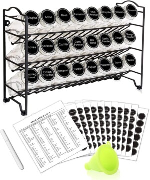 Spice Rack with 24 Empty Square Spice Jars, 396 Spice Labels with Chalk Marker and Funnel