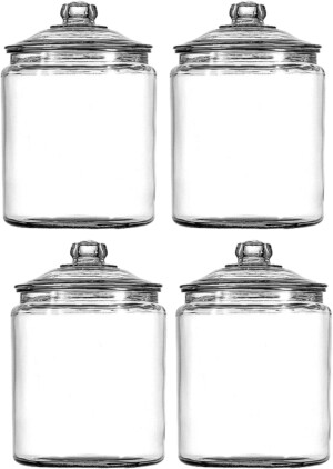 1 gallon glass jars with lids, perfect for pantry storage.