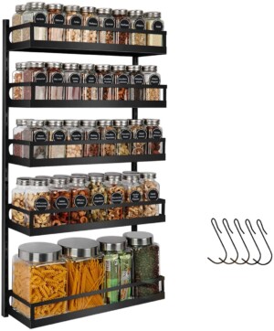 Wall Mount Spice Rack Organizer 5 Tier Height-Adjustable Hanging Spice Shelf Storage for Kitchen Pantry