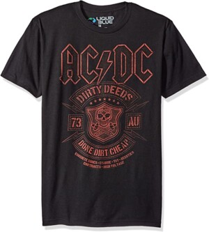 A black men's ACDC t-shirt with red writing.