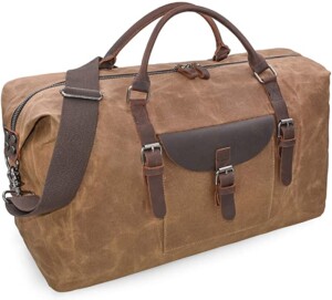 A brown leather duffle bag.