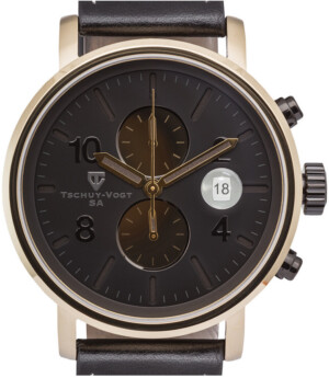 A black and gold watch for men. Face is black with a gold boarder and gold hands with a black leather wristband.