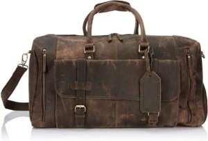 A brown leather duffle bag.