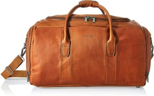A brown leather duffle bag.