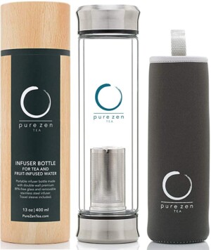 An infuser bottle used for tea and infused water that comes with a coozy and a wood case.
