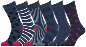 a set of different patterned dress socks for men. Colors are a varitey of blues, white, and red.