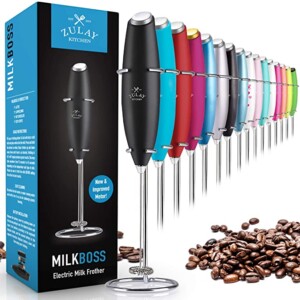 A milk frother that comes in a variety of colors.