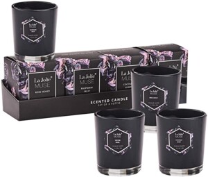 A set of 4 scented candles that are in black glass holders.