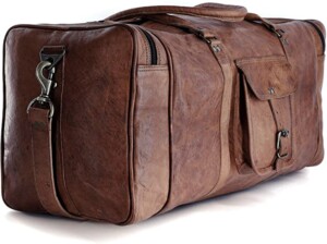 A brown leather duffle bag.