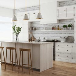 Find out the answer to your own "What is my decorating style?" question and learn how to create a home you love. Photo shows a white modern farmhouse style kitchen with a white brick backsplash, white cabinets with a light wood island, open shelving, wood stools, and a warm wood floor.
