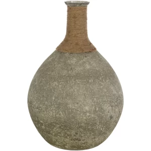 A light gray textured vase with twine wrapped around the top of it.